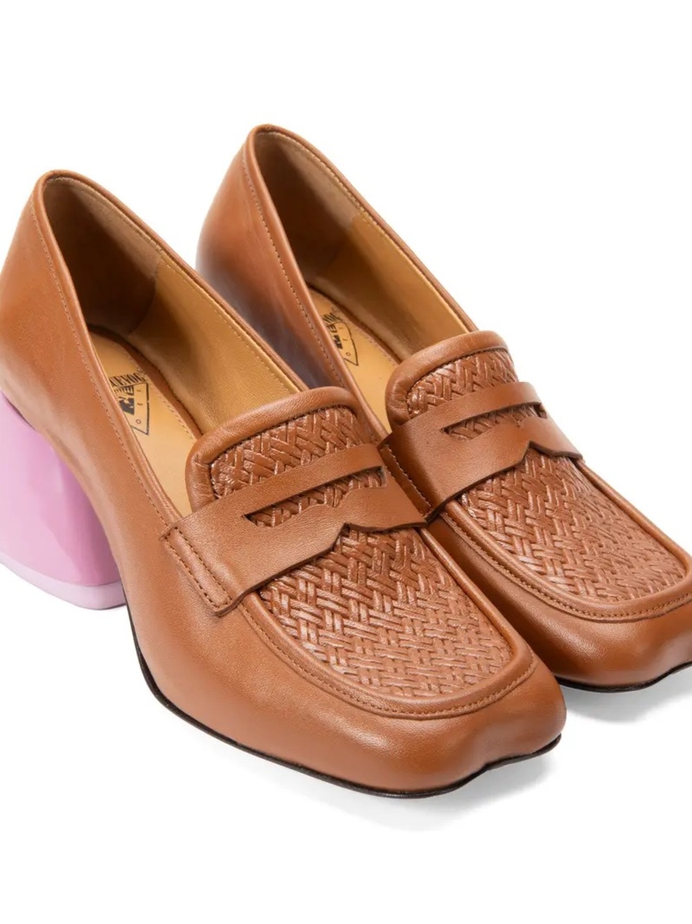 Women's Tan Woven Leather Loafers with Pink Block Heel